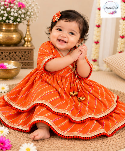 Baby Orange Leheriya Print Pure Cotton Angrakha lehagna Set | 0–2Y