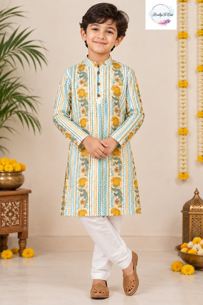 Mustard & Teal Floral Stripe Pure Cotton Kurta Pajama Set for Boys