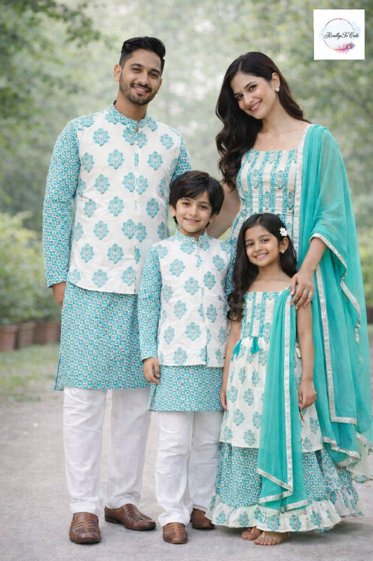 Aqua teal Block Print Cotton Kurta & Sharara Set for Women (Mom Only), block print set