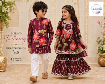 Boys' pichwai kurta pajama with jacket, cotton kurta pajama, sibling combo
