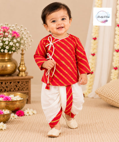 Baby Red Leheriya Print Pure Cotton Angrakha Kurta & Dhoti Set | 0–2Y