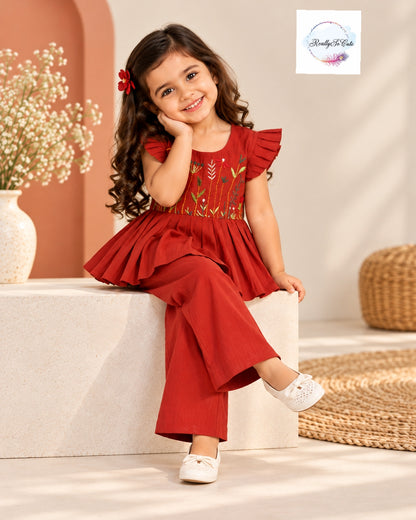 Girls Rust Red Floral Embroidered Chanderi Muslin Peplum Top & Pant Set