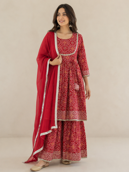 Red Bandhani Cotton Kurta Set for Women with Dupatta | Pure Cotton Ethnic Wear | Sizes S–XXL