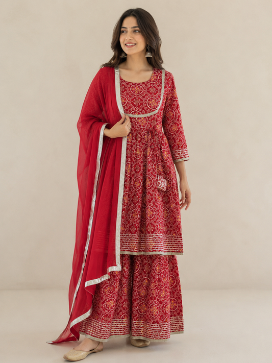 Red Bandhani Cotton Kurta Set for Women with Dupatta | Pure Cotton Ethnic Wear | Sizes S–XXL