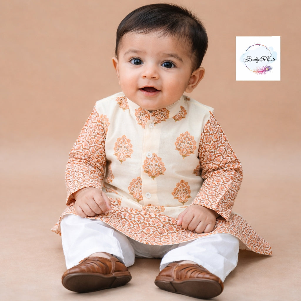 Block print jacket kurta pajama set, boy kurta pajama, Peach Block print