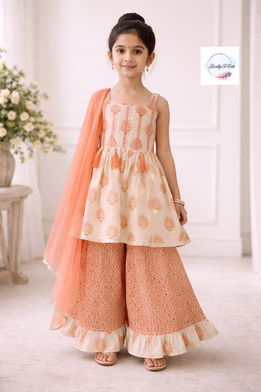 Peach Cotton Ethnic Girl Set | Soft Festive Indian Outfit for Kids (Girl set only)block print set
