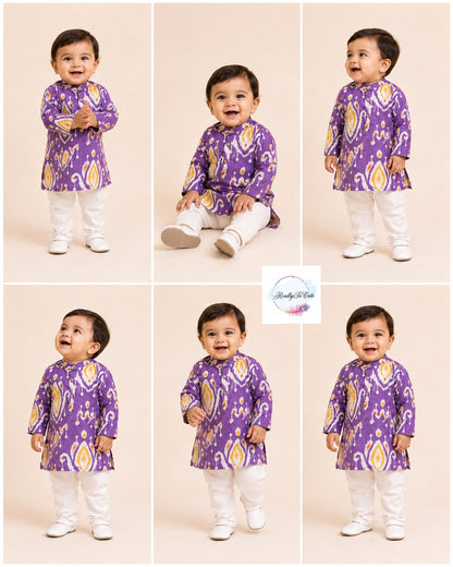 Purple Ikat Print Pure Cotton Kurta Pajama Set for Boys |Co-Ord set,  Kids Ethnic Wear | 3M–14Y