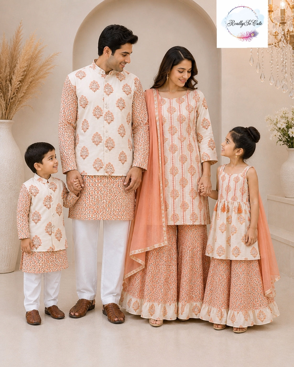 Block print jacket kurta pajama set, boy kurta pajama, Peach Block print