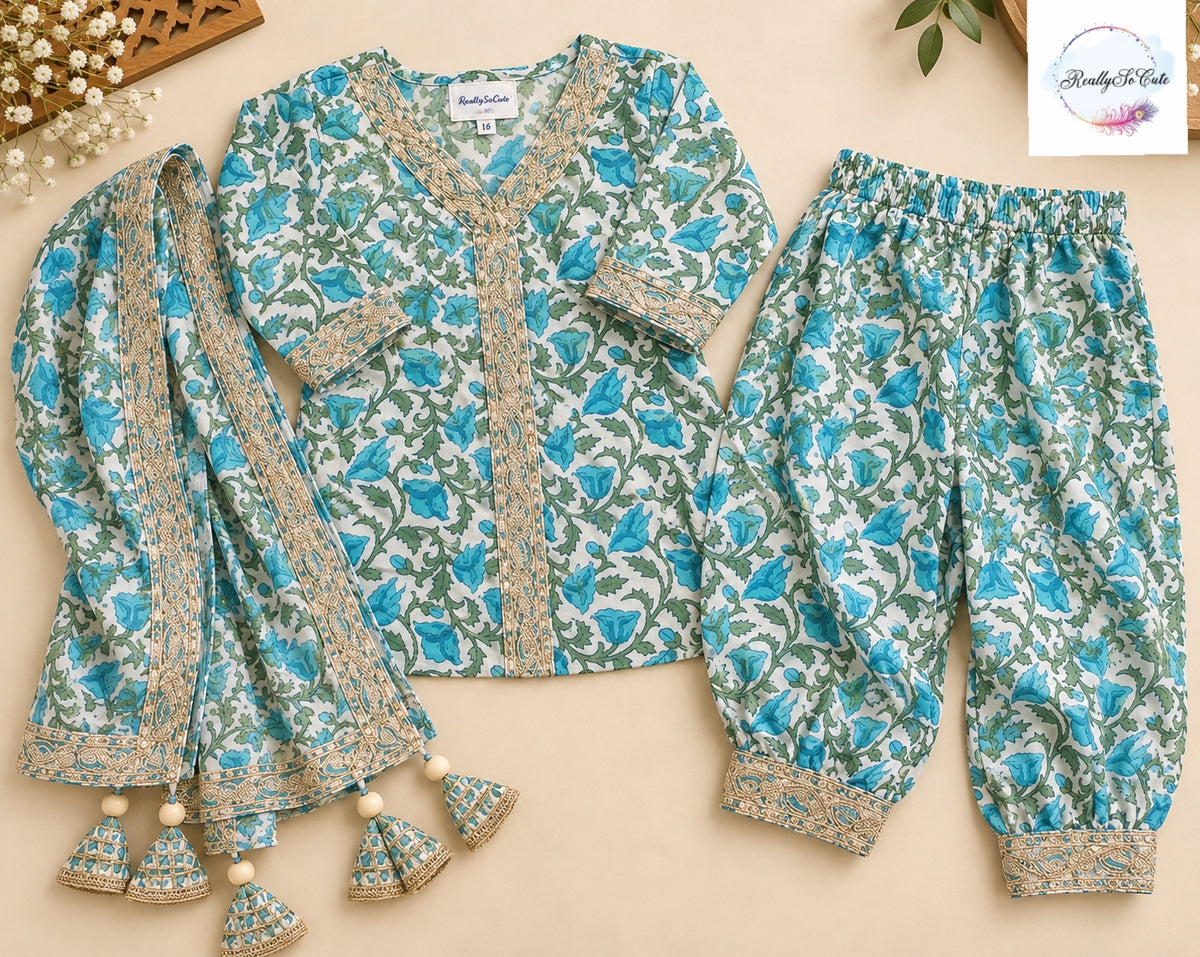 Girls Blue Floral Pure Cotton Kurta & Dhoti Pant Set with Dupatta | 3-Piece Traditional Ethnic Wear