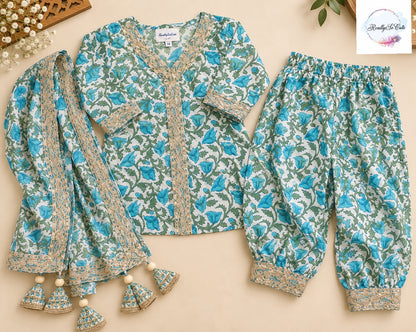 Girls Blue Floral Pure Cotton Kurta & Dhoti Pant Set with Dupatta | 3-Piece Traditional Ethnic Wear