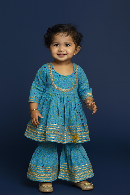 Girl Sharara kurti Set/  soft cotton kurta salwar set, blue kurti sharara