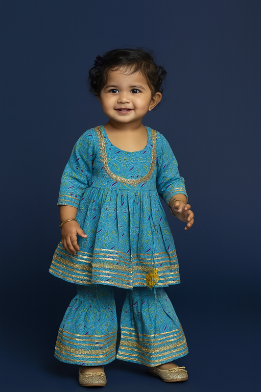 Girl Sharara kurti Set/  soft cotton kurta salwar set, blue kurti sharara