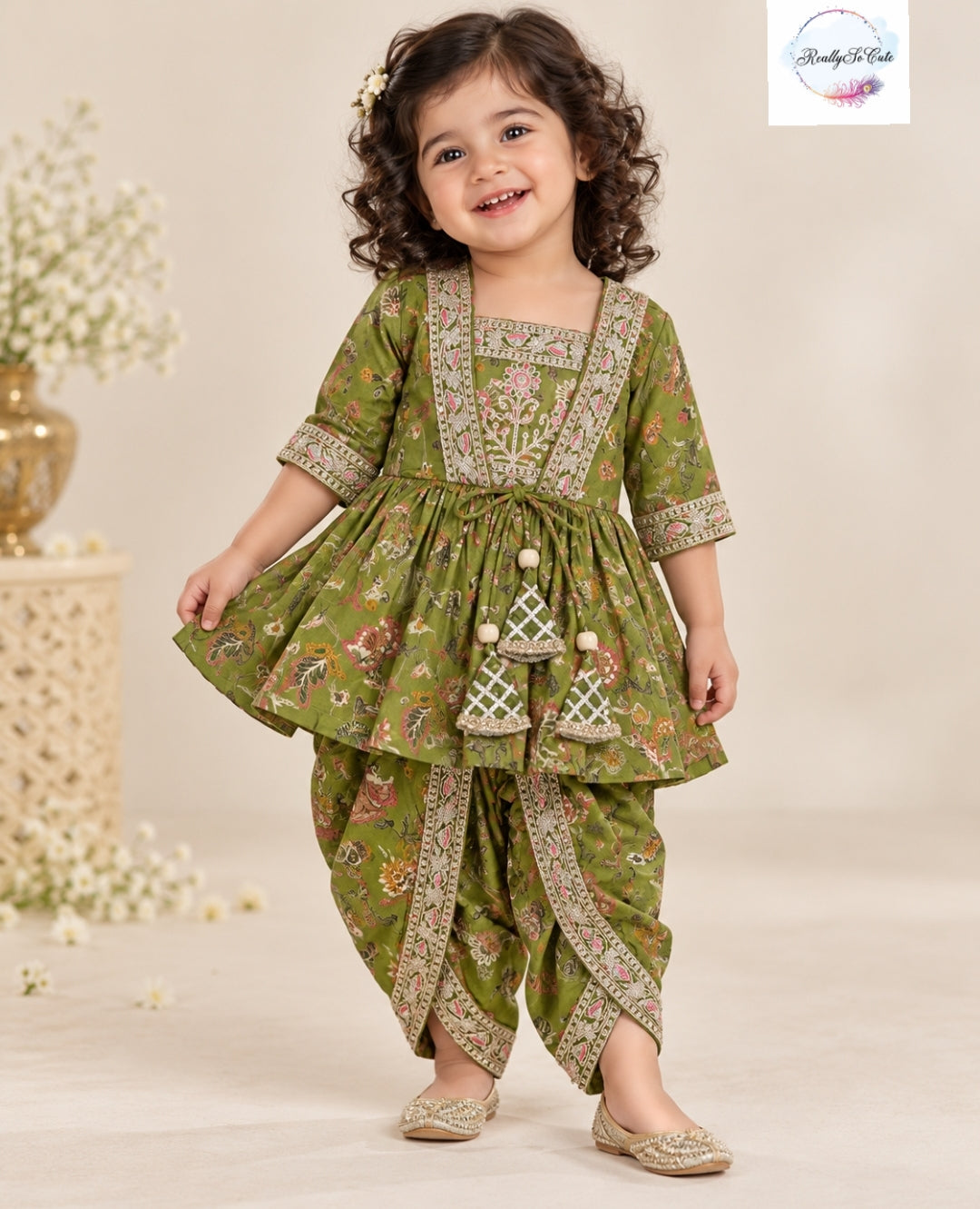 Olive Green Floral Muslin Girls Dhoti Set with Embroidered Jacket & Crop Top