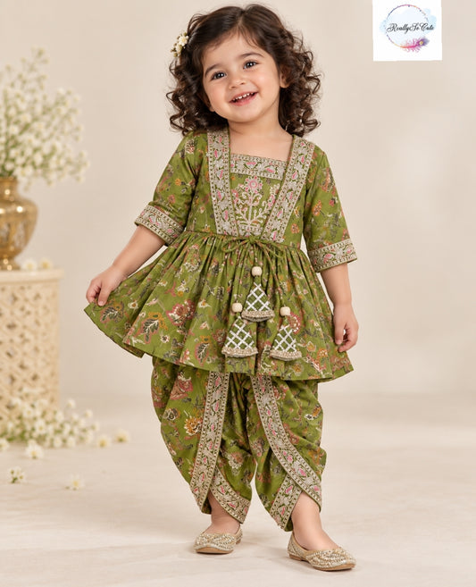Olive Green Floral Muslin Girls Dhoti Set with Embroidered Jacket & Crop Top