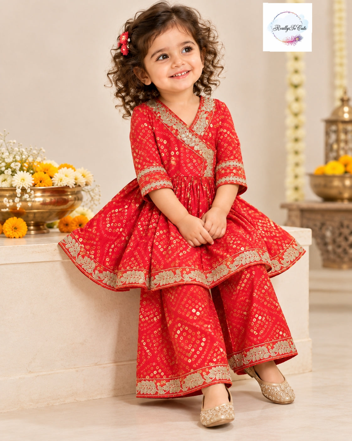 Girls Red Bandhani Print Angrakha Kurti & Palazzo Set | Festive Ethnic Wear