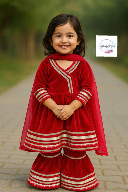 Red velvet kurti sharara dupatta set. Red kurti sharara set, Pre-Order Set - Ships in 3 Weeks