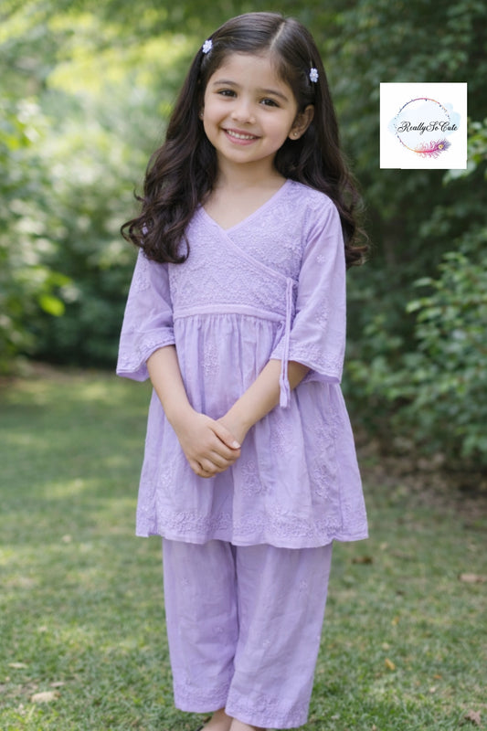 Muslin Little Girls Chikankari Kurtis sharara Set, Girls Festival Dress Set, modal Chikankari Dress Girls