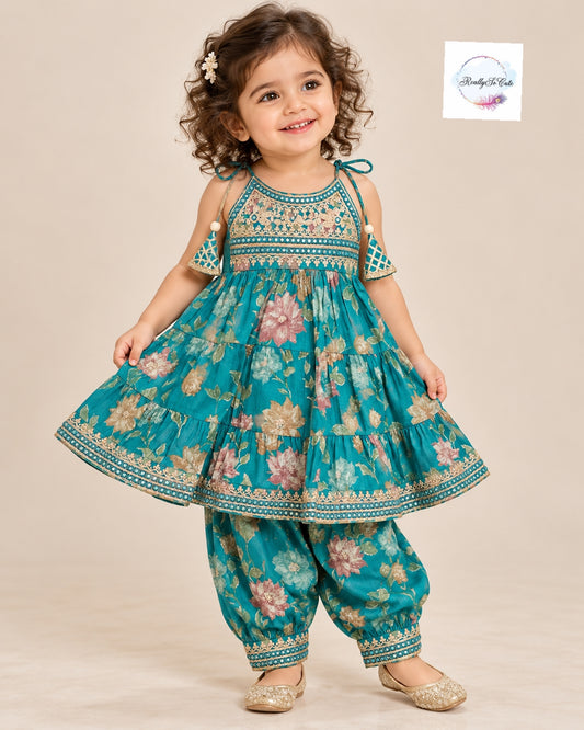 Girls Teal Green Floral Muslin Cotton Kurti with Afghani Pants Set | Ethnic Wear