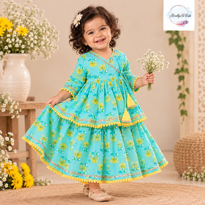 Aqua Floral Pure Cotton Angarakha Dress Set for Girls | 6M–2Y