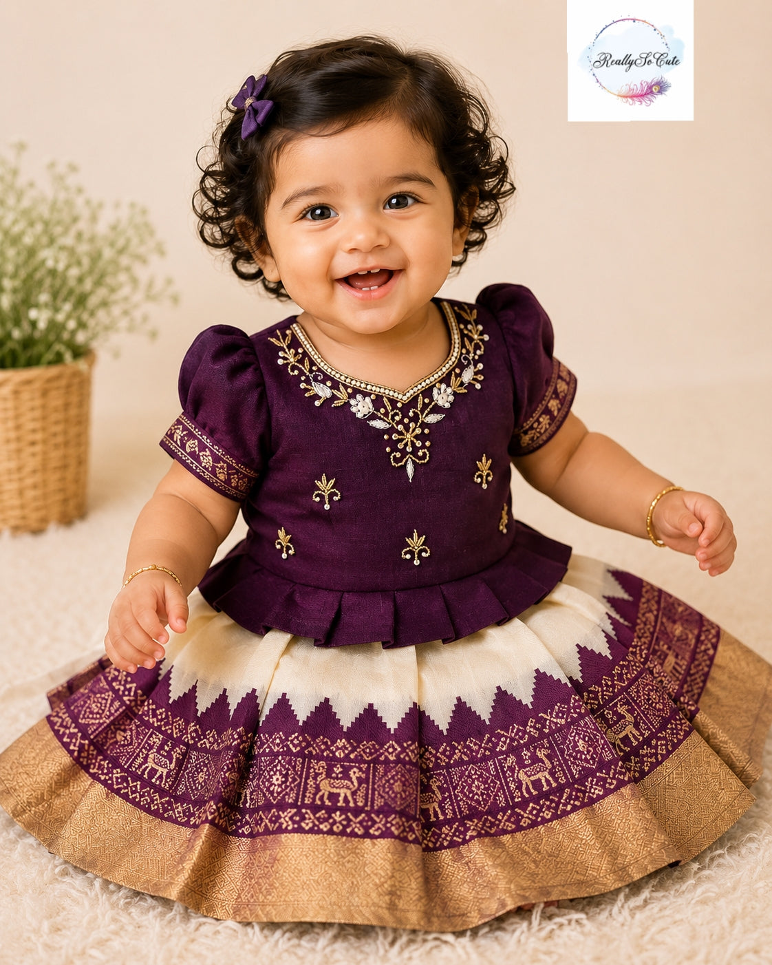 Deep Plum & Ivory Pattu Baby Girl Dress with Handwork | Semi Silk