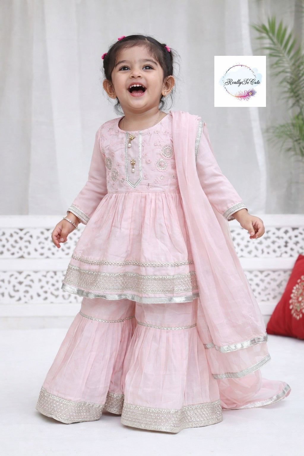 Pink chanderi kurti sharara dupatta set.