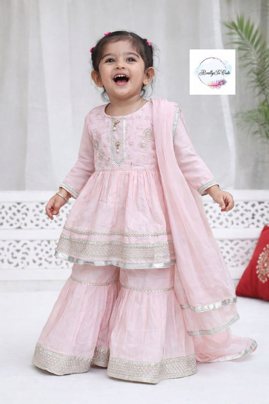 Pink chanderi kurti sharara dupatta set.