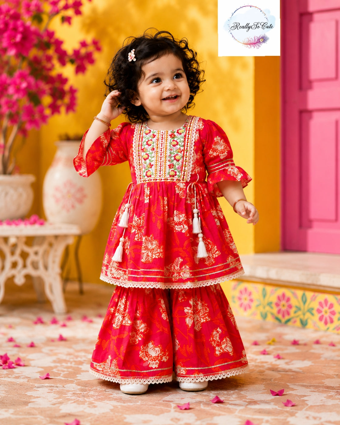 Dark pink Floral Cotton Sharara Set for Girls | Embroidered Ethnic Wear with Tassel Tie | Sizes 3M–10 Years |