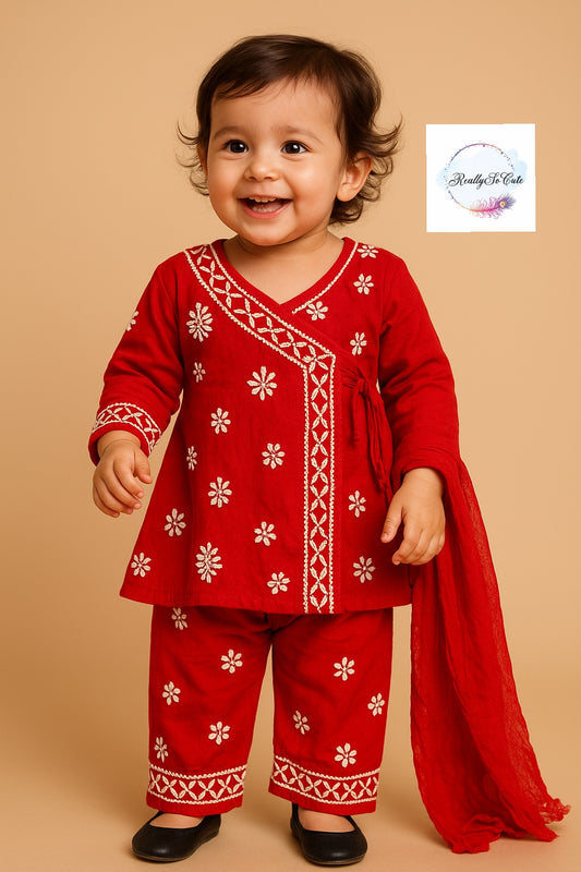 Red Little Girls Chikankari Kurtis pant Set, Girls Modal Chikankari Dress