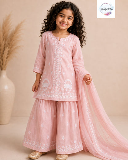 Girls Blush Pink Pure Georgette 4-Piece Handwork Chikankari Sharara Set