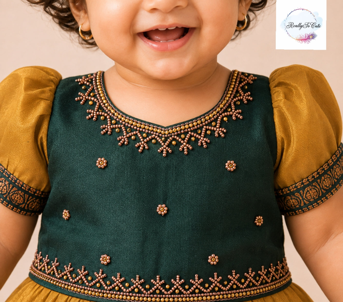 Mustard & Emerald Green Pattu Baby Girl Dress with Handwork | Semi Silk