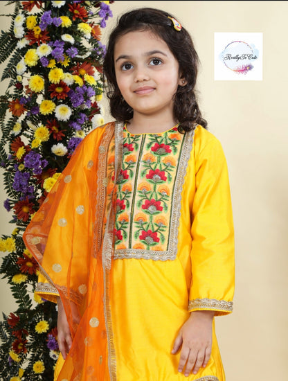 Yellow chanderi kurti sharara dupatta set, Muslin silk kurta sharara