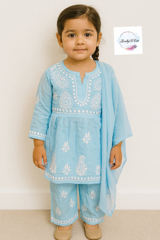 Little Girls Chikankari Kurtis sharara Set, Girls Festival Dress Set, modal Chikankari Dress Girls