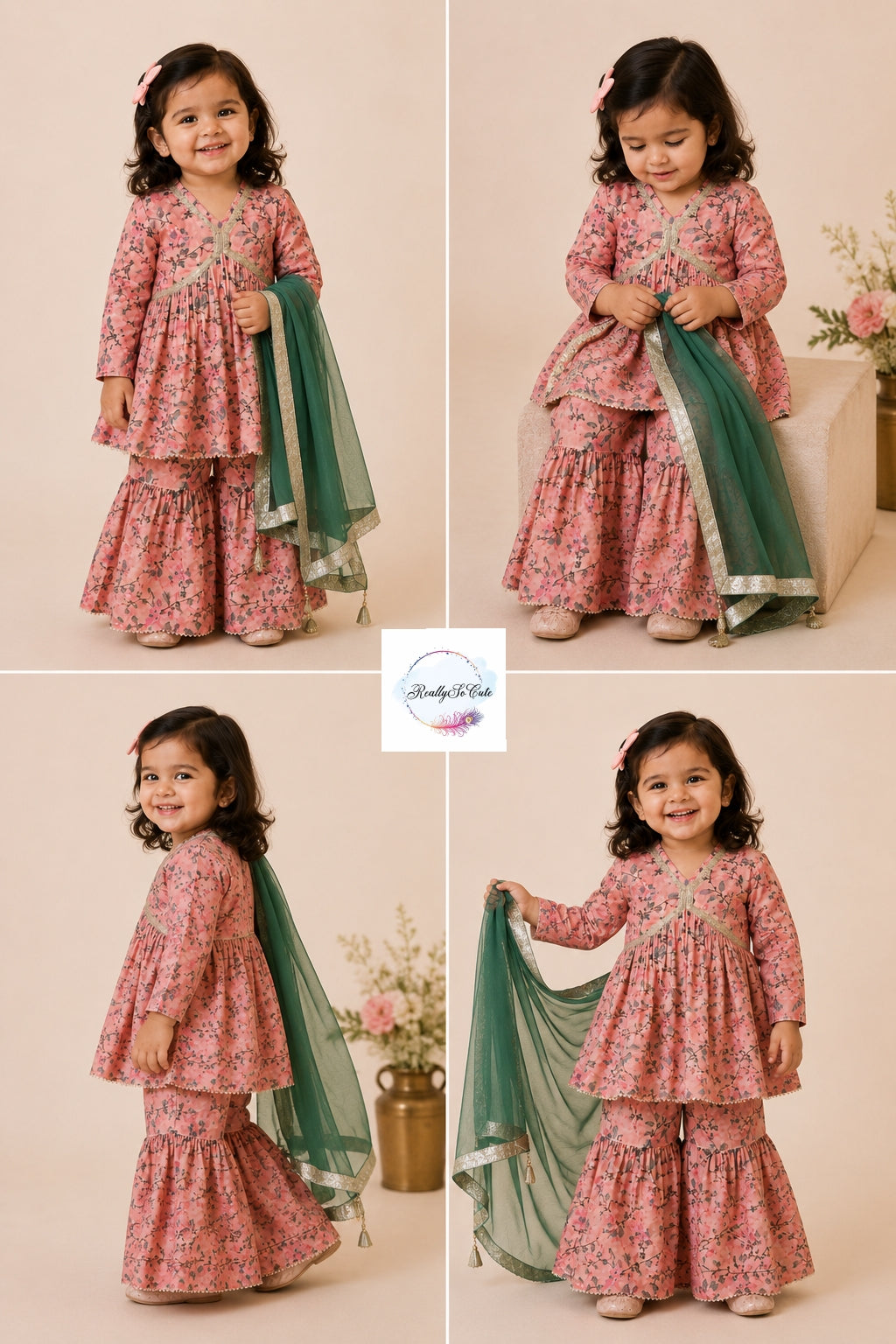 Pink Floral Pure Cotton Sharara Set for Girls | Newborn to 15 Years | Matching Sibling Outfit