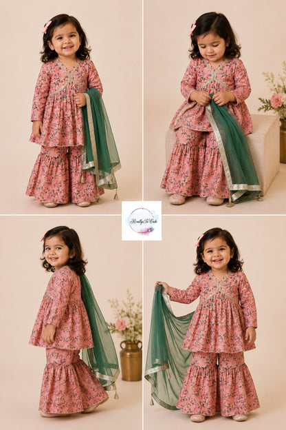 Pink Floral Pure Cotton Sharara Set for Girls | Newborn to 15 Years | Matching Sibling Outfit