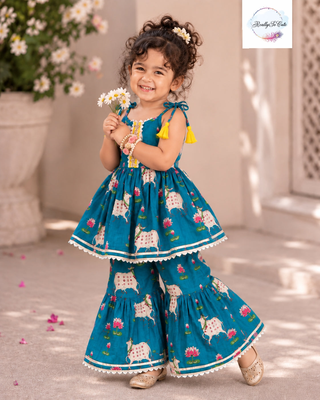Pichwai Floral Print Pure Cotton Girls Sharara Set – Teal | 1–6 Years