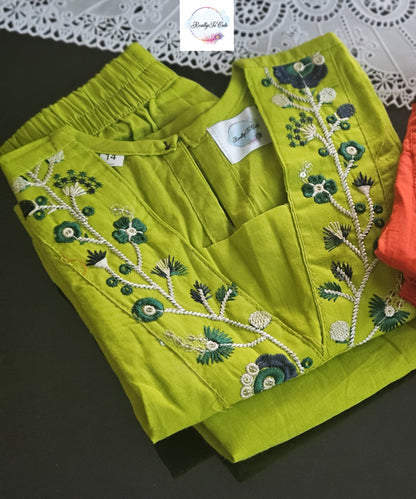 Lime Green Embroidered Cotton Mom Co-Ord Set with Pockets | Matching Mom & Daughter Outfit