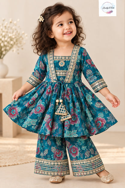 Teal Blue Floral Muslin 3-Piece Girls Ethnic Set | Long Kurti, Sharara & Palazzo Pants
Product Description: