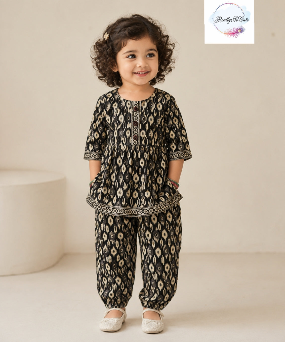 Black Ikkat Print Pure Cotton Co-Ord Set for Girls | Kurti & Relaxed Pants | Sizes 18M–8 Years |