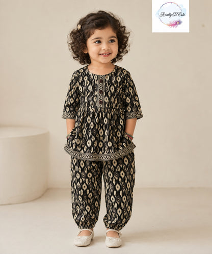 Black Ikkat Print Pure Cotton Co-Ord Set for Girls | Kurti & Relaxed Pants | Sizes 18M–8 Years |
