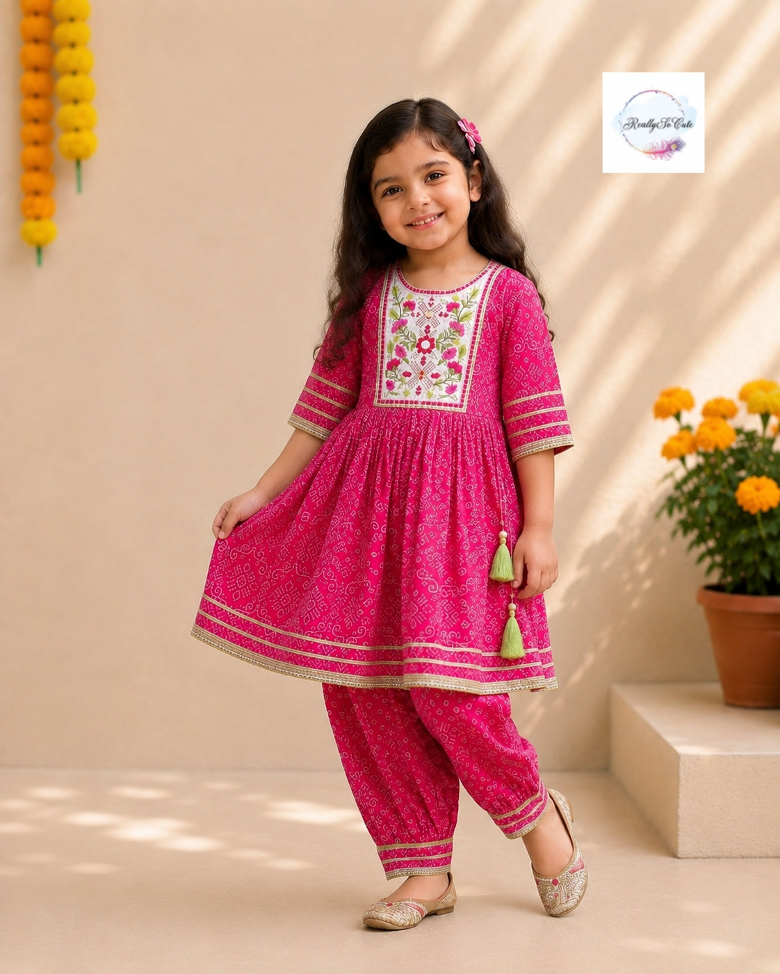 Pink Bandhani Pure Cotton Girls Kurta Set with Mirror Work