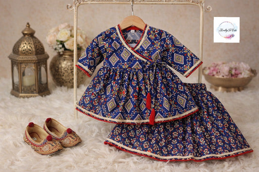 Blue Cotton Baby Lehenga Set with Angarakha Wrap Top (0–2Y)