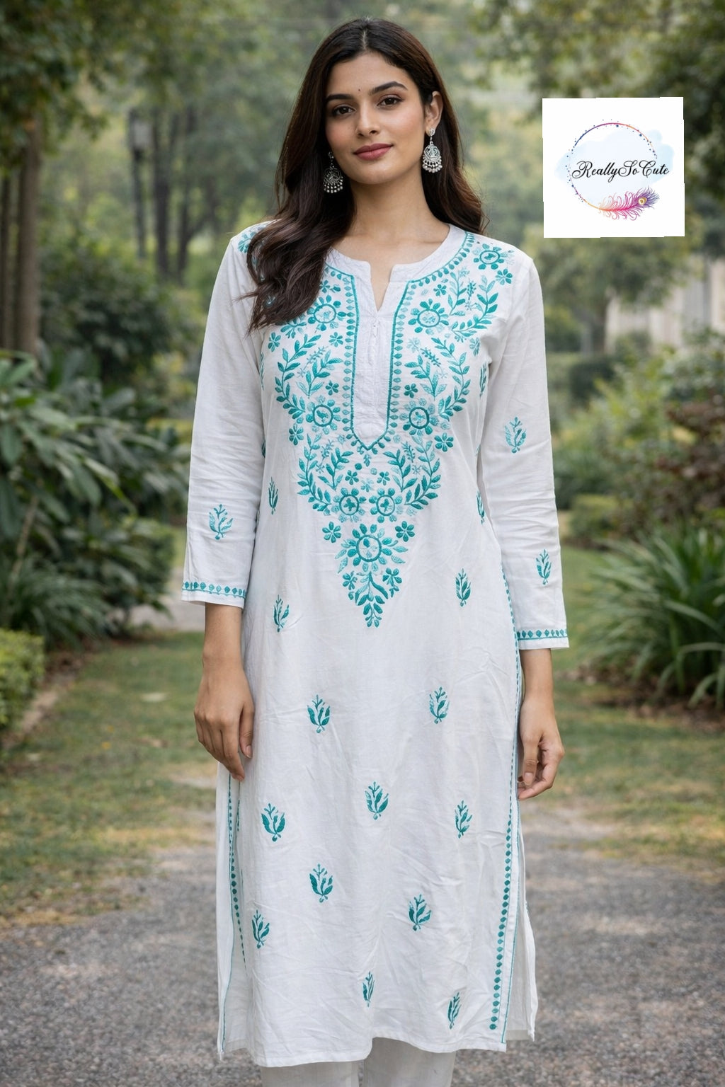 White with green embroidery long chikankari kurti