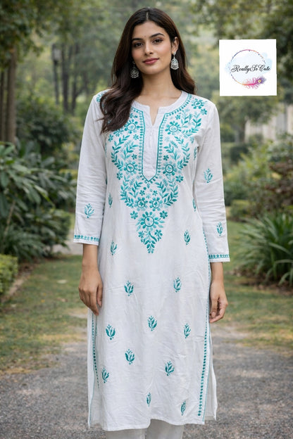 White with green embroidery long chikankari kurti