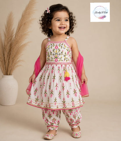 Pink Floral Cotton Kurta salwar Set for Baby Girls | Ethnic Wear with Dupatta, Size 3M-2Y