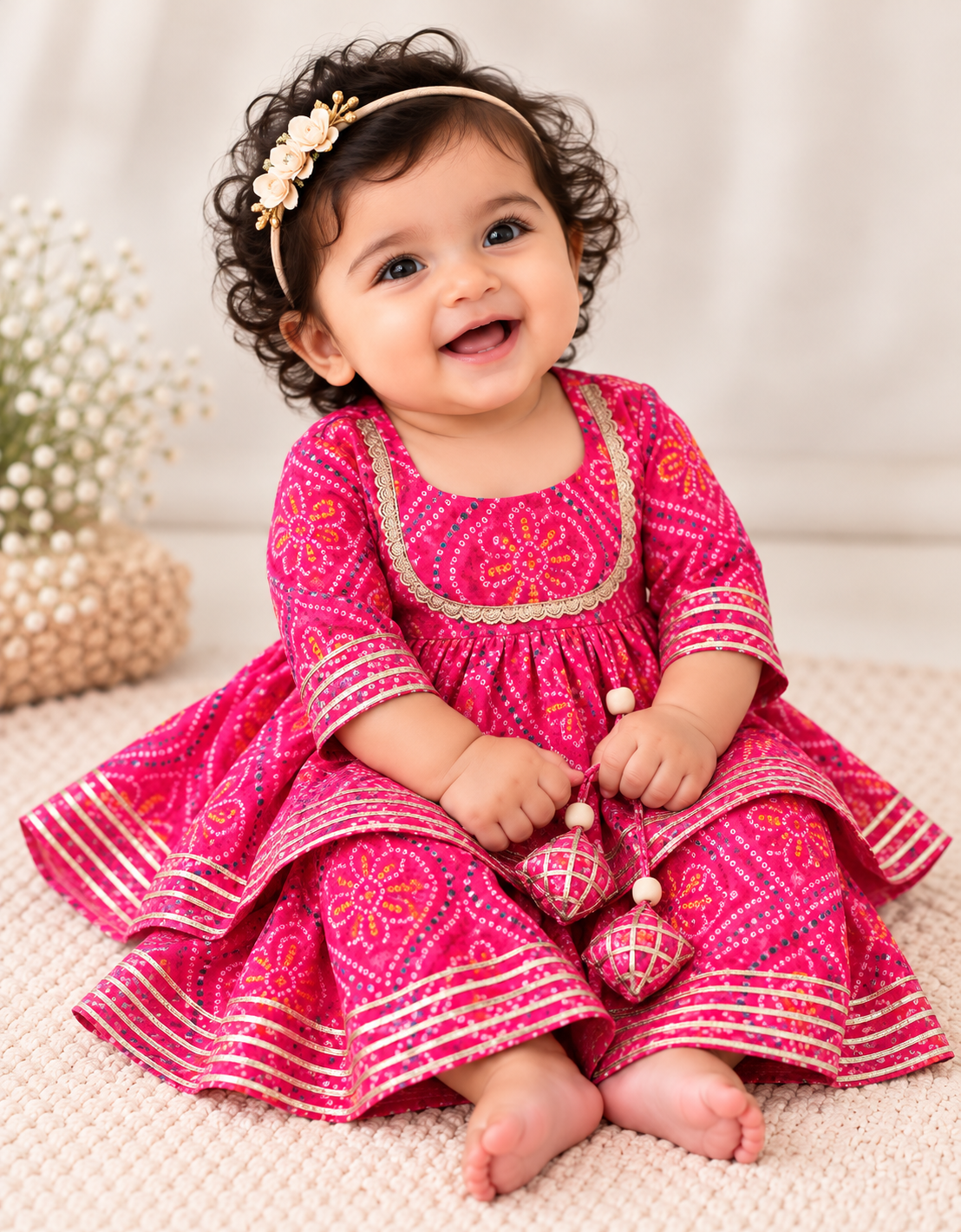 Baby Girls Multicolor pink Bandhani Ethnic Wear Sets | 0–6 Months