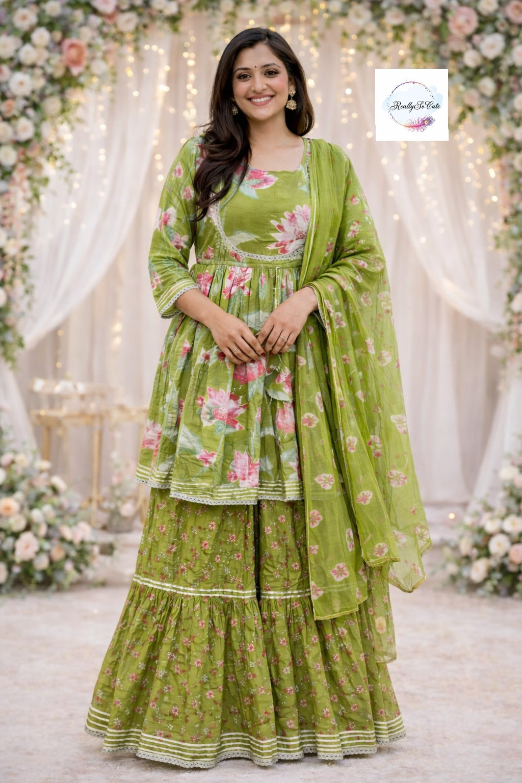 Green pichwai sharara set, kurti sharara women