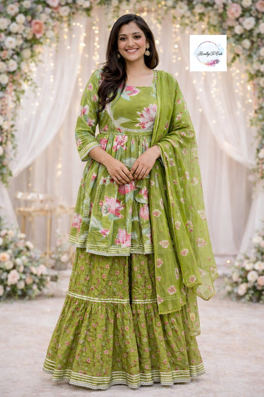 Green pichwai sharara set, kurti sharara women