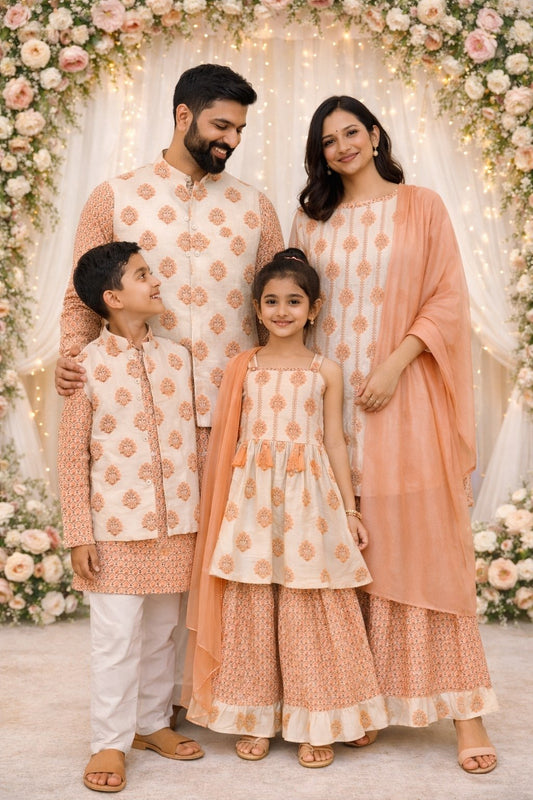 Peach Block Print Cotton Kurta & Sharara Set for Women (Mom Only), block print set