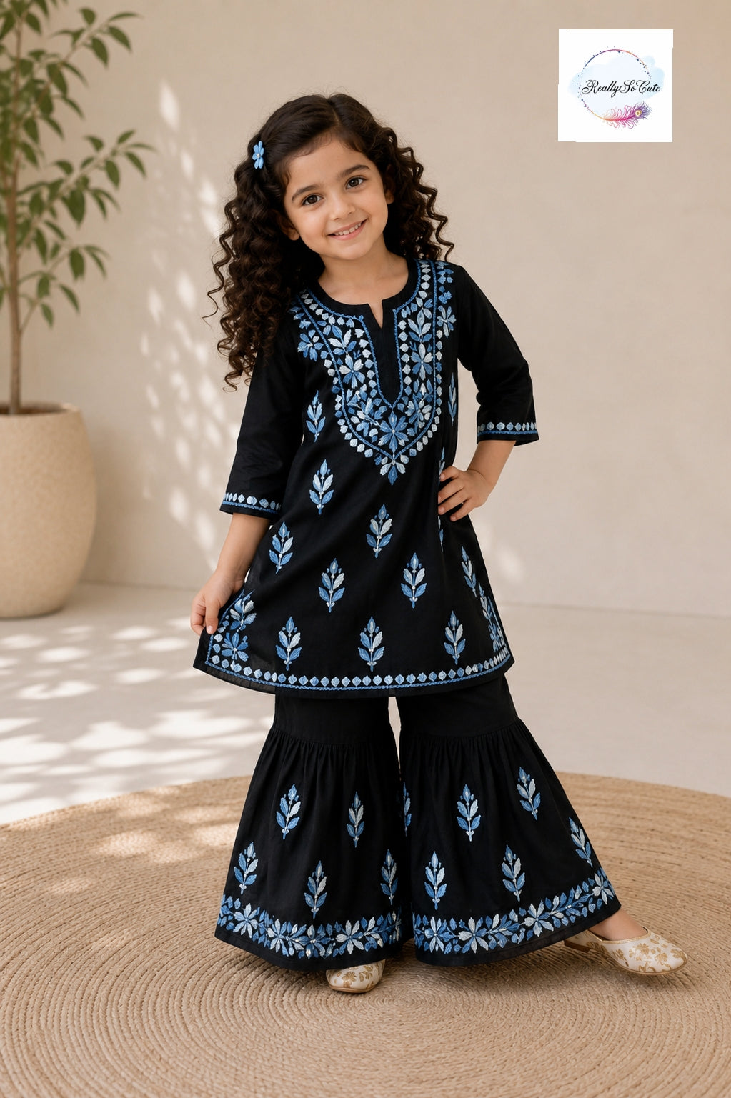 Girls Black & blue Handwork Chikankari Sharara Set | Soft Cotton