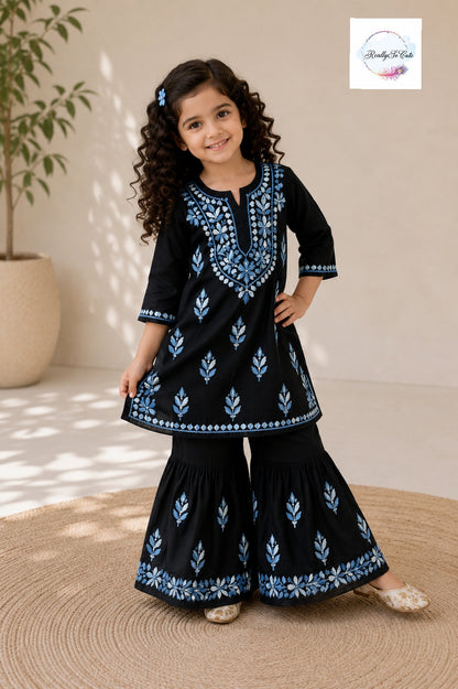 Girls Black & blue Handwork Chikankari Sharara Set | Soft Cotton